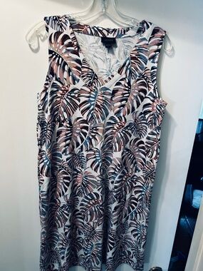 J. Jill Tropical Leaf Print V-Neck Dress - Blue, Brown, Blush